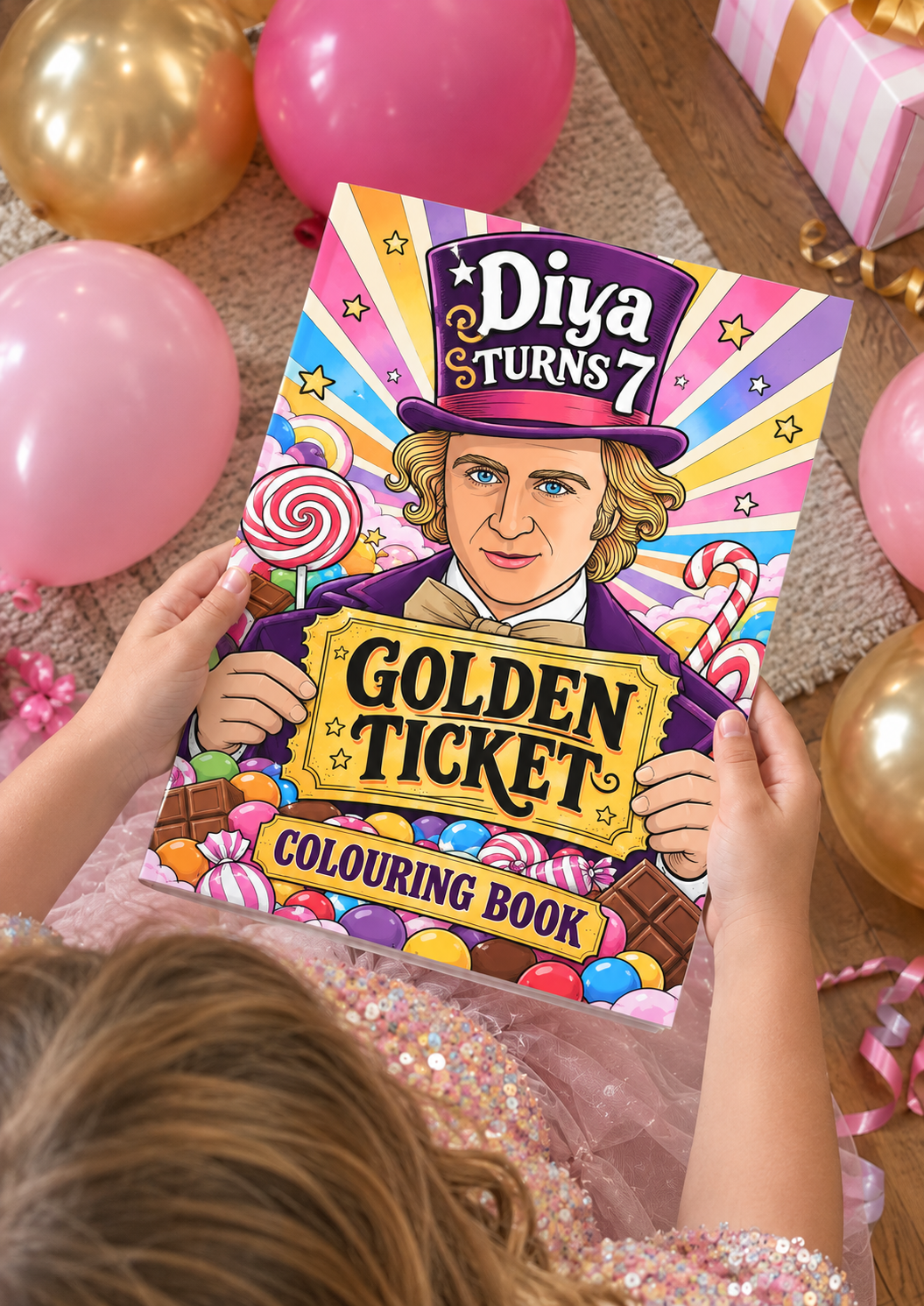 Diya's Golden Ticket birthday party colouring book held up