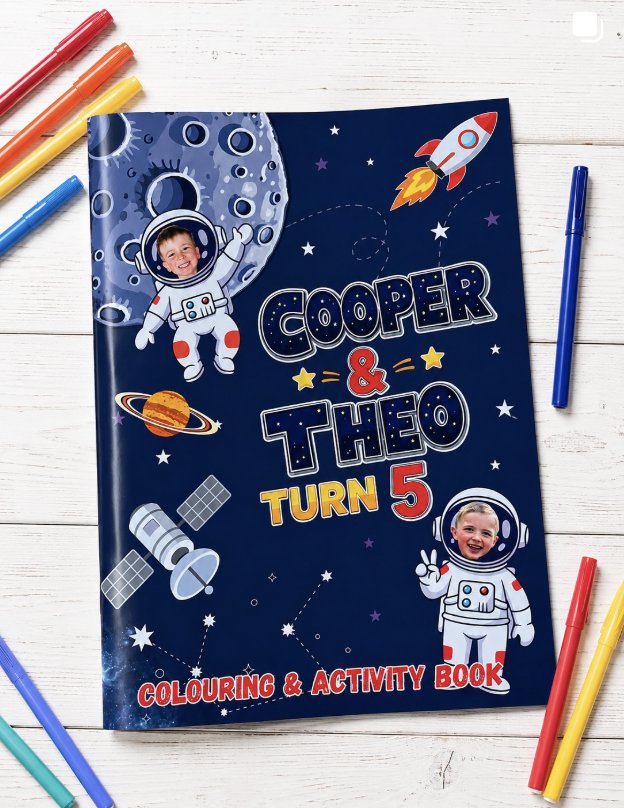 Space themed book cover with photos
