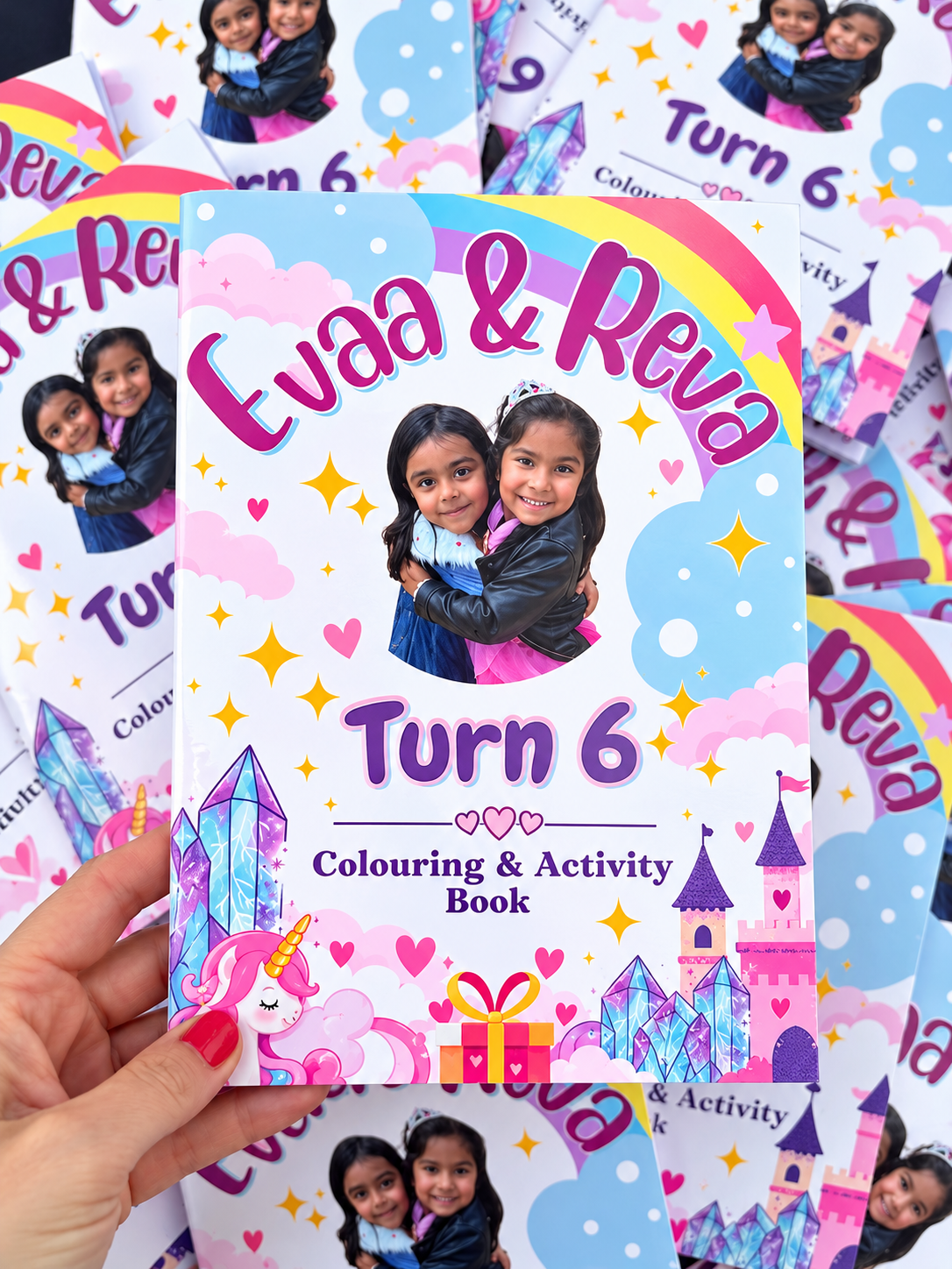 Evaa and Reva's unicorn colouring and activity books stacked