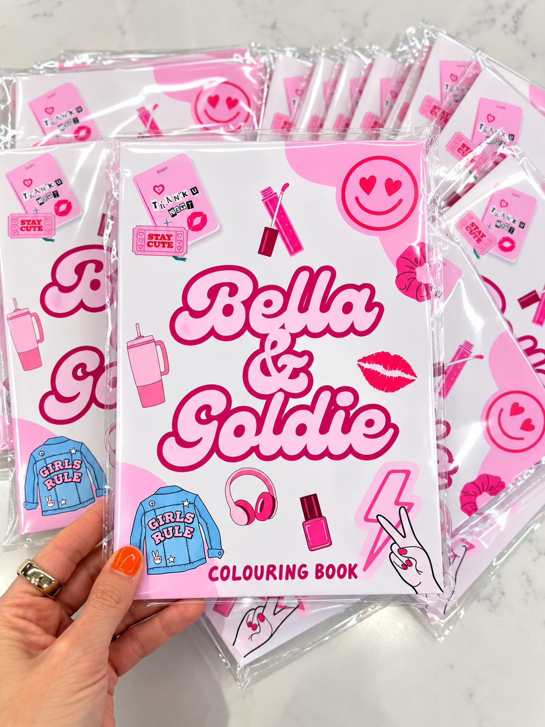 Bella & Goldie colouring books packaged ready to post